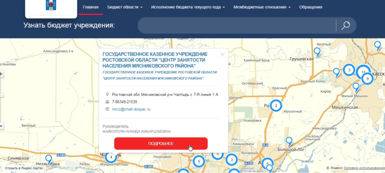 Скриншот интерактивной карты портала «Открытый бюджет Ростовской области»